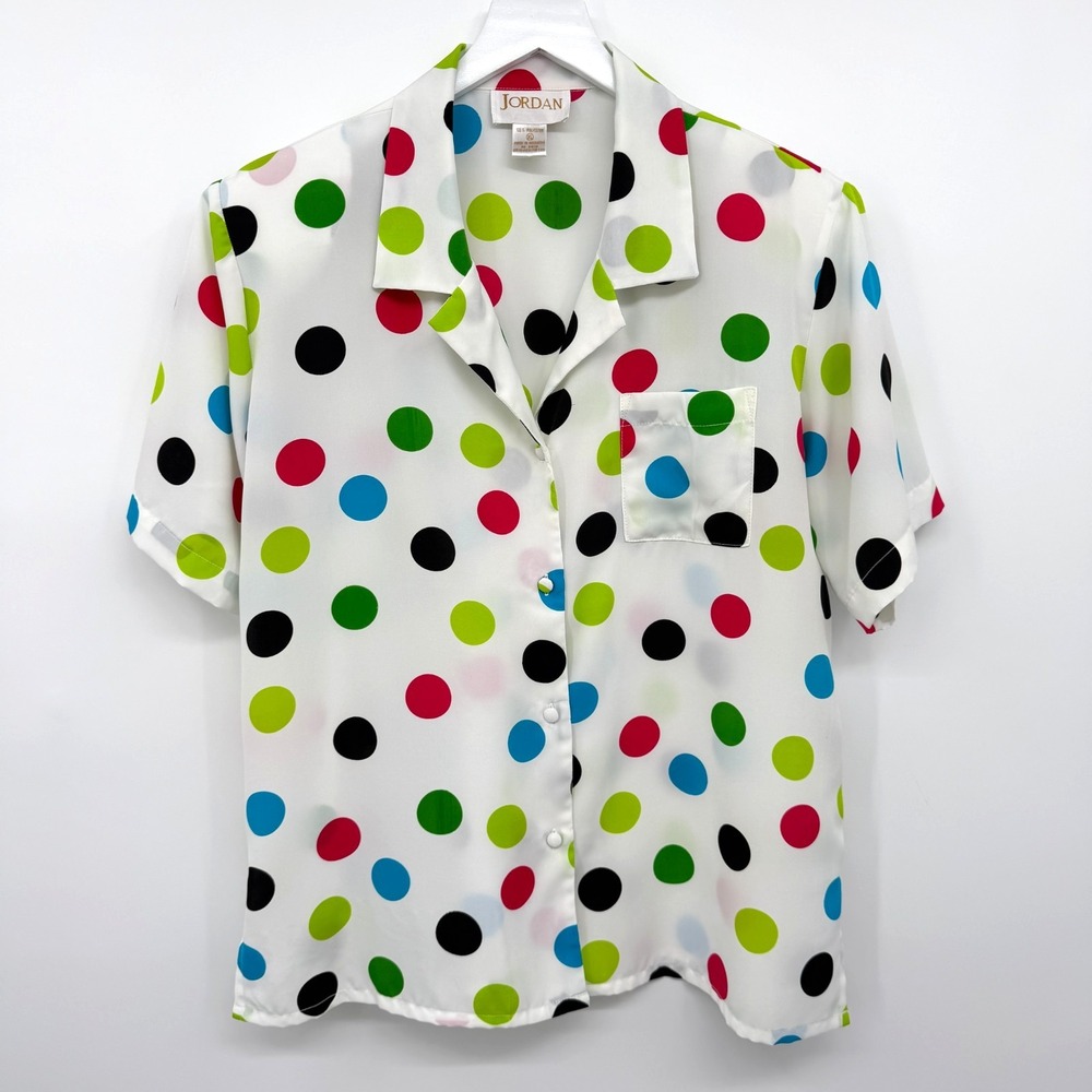 Vintage Womens Y2K Top Shirt Blouse Size XL Polka Dot Shoulder Pads Artsy Mod